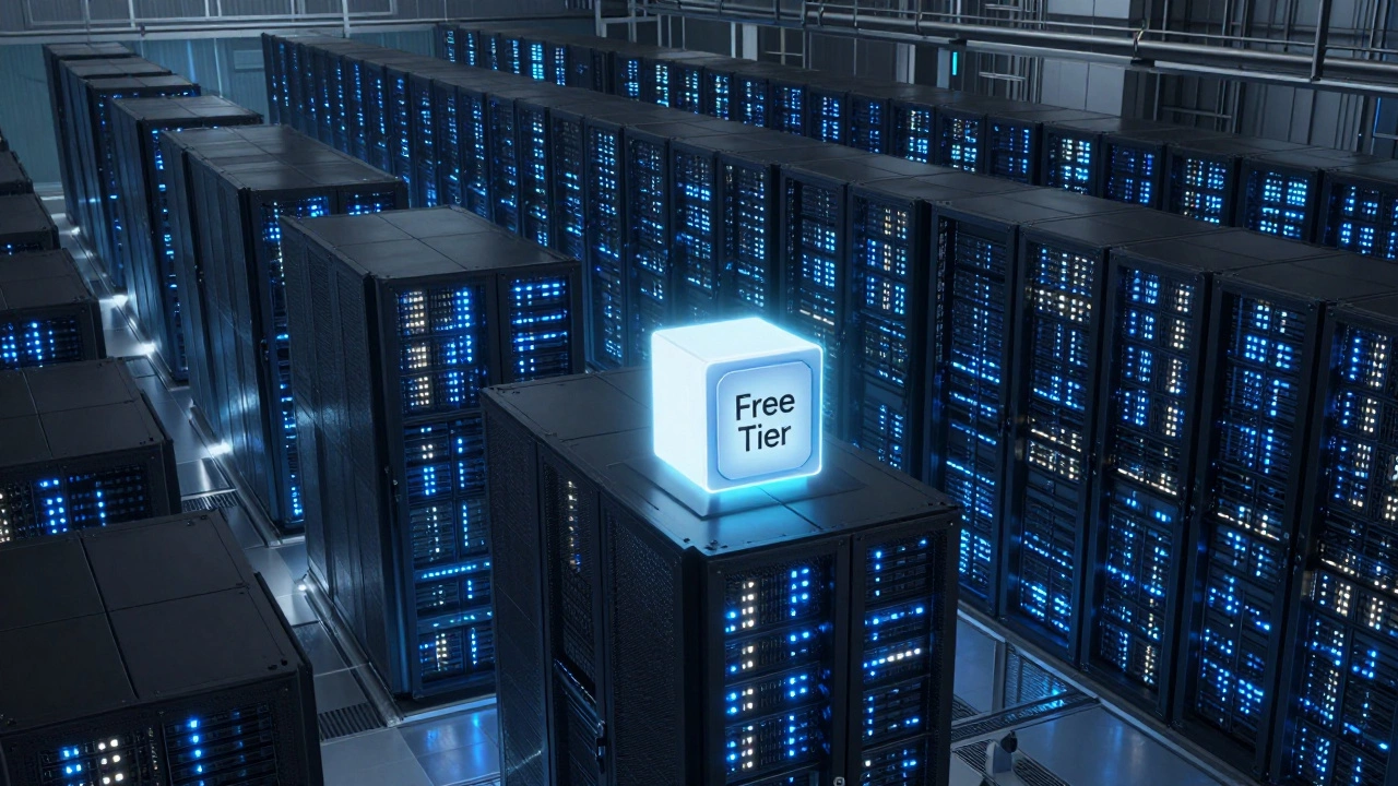 A vast, futuristic data center with glowing server racks representing cloud infrastructure.
