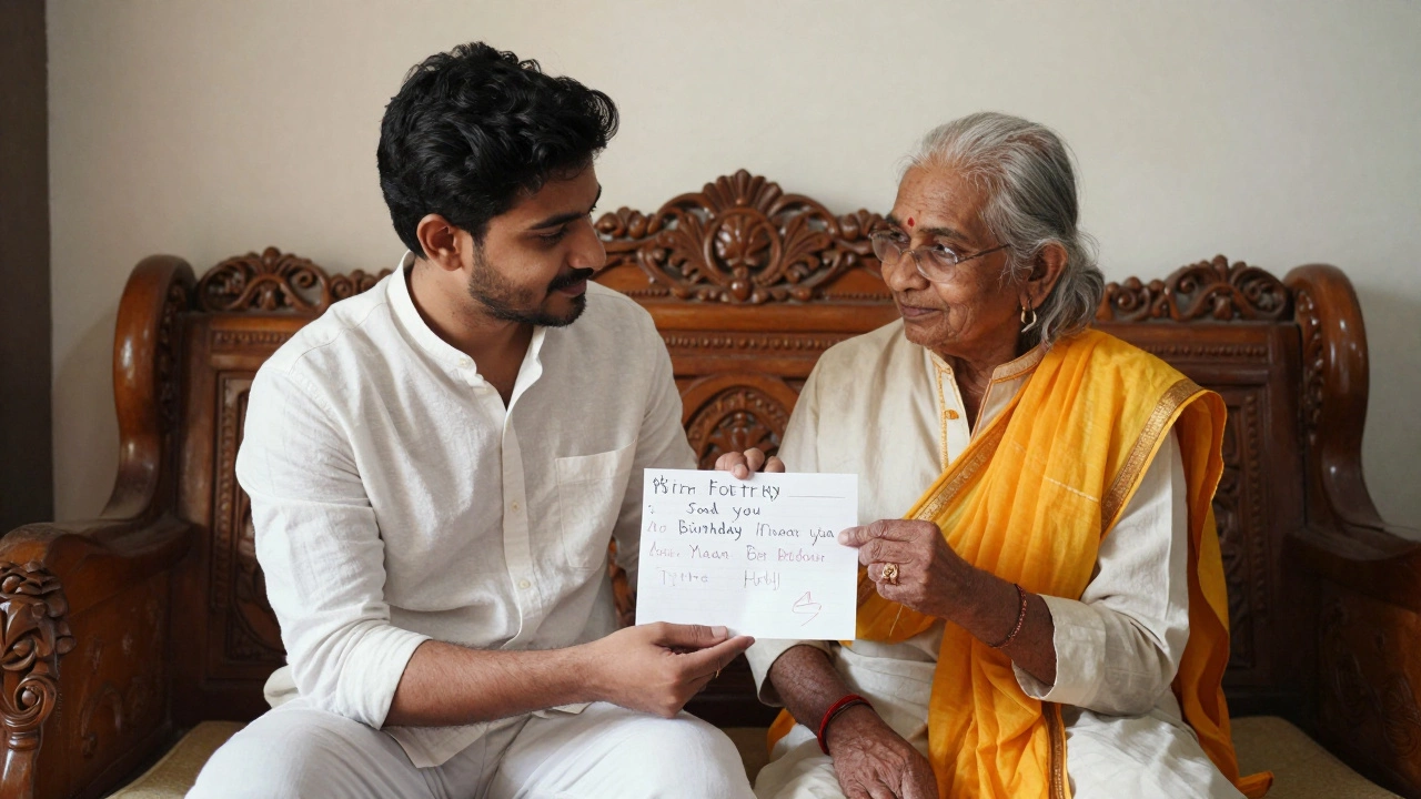 A young person sharing a handwritten birthday letter with an elderly parent in a home setting.