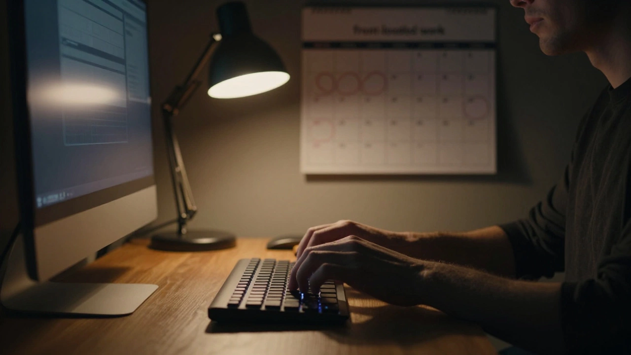 Close-up of hands typing on a keyboard under a warm lamp, symbolizing hard work.