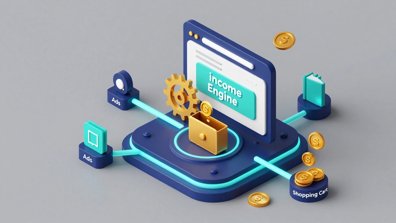Isometric 3D illustration of a blog connected to various passive income streams.