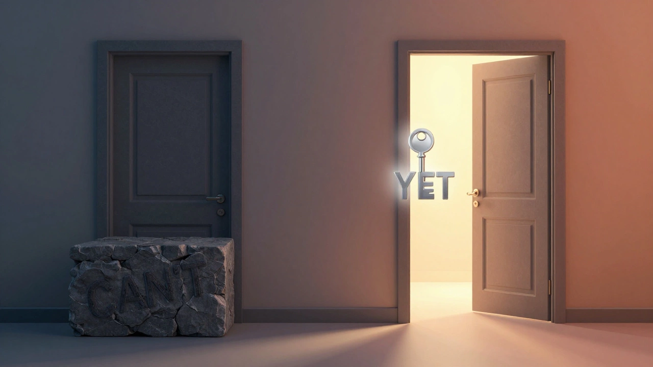A closed door blocked by a heavy rock versus an open sunlit door with a key symbolizing growth mindset.