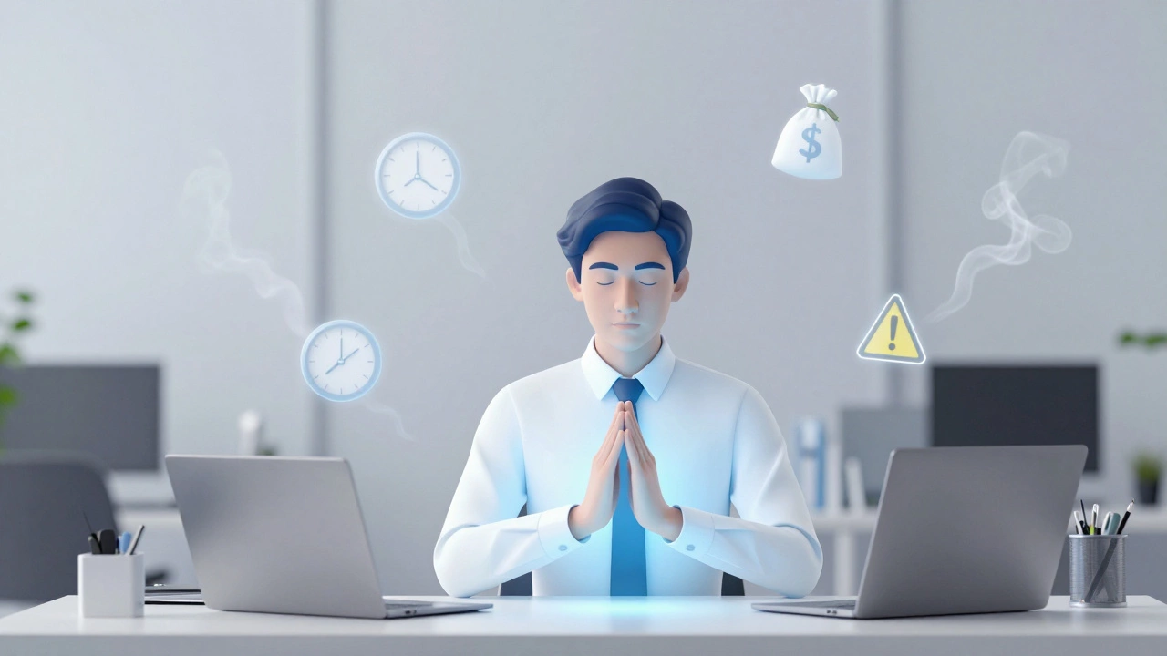 A person works calmly while symbols of stress fade away around them.