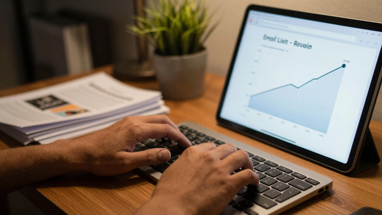 Close up of hands typing with tablet showing revenue growth graph in home office