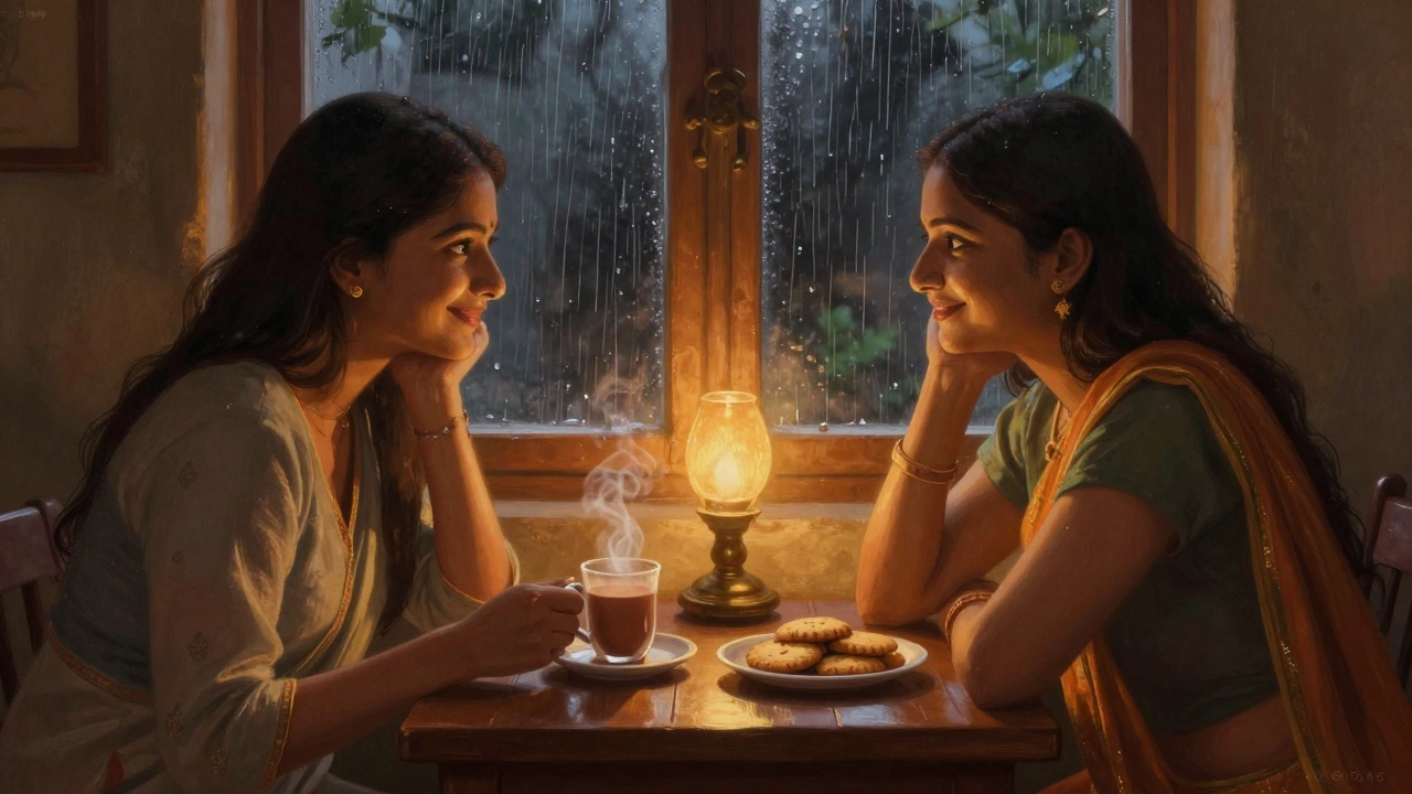 Couple sharing chai and smiling together by a rainy window