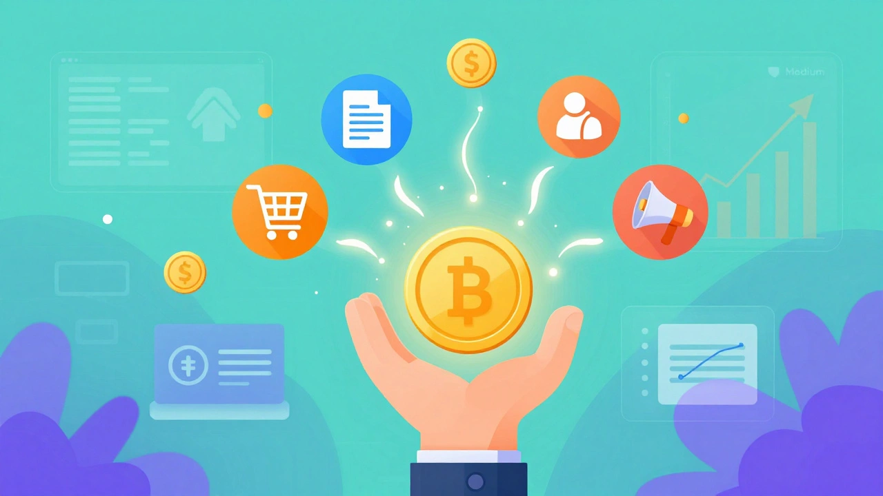 Digital illustration of hand holding coin transforming into affiliate and product icons