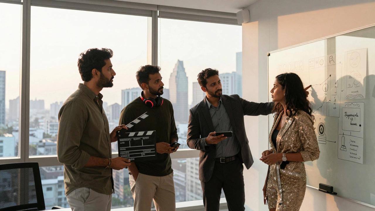 Four Indian YouTubers discussing strategy in a modern office with city view