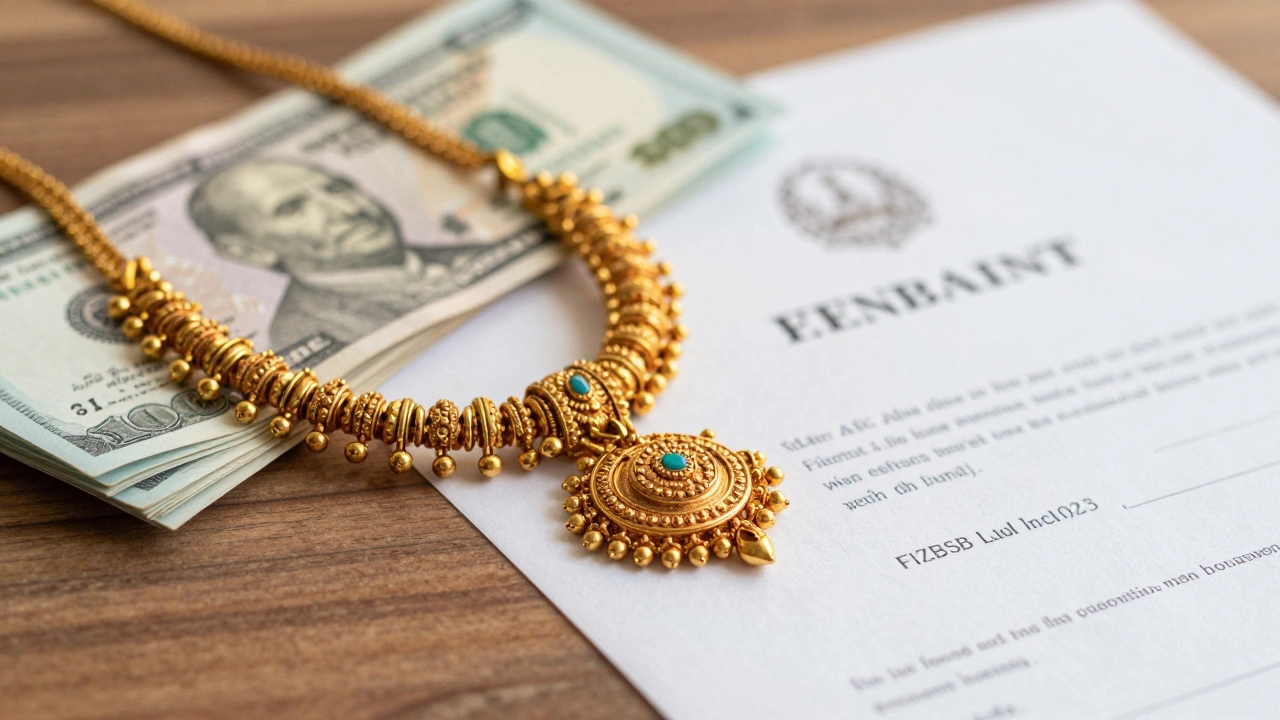 Gold jewelry, cash, and property deeds symbolizing Indian household wealth