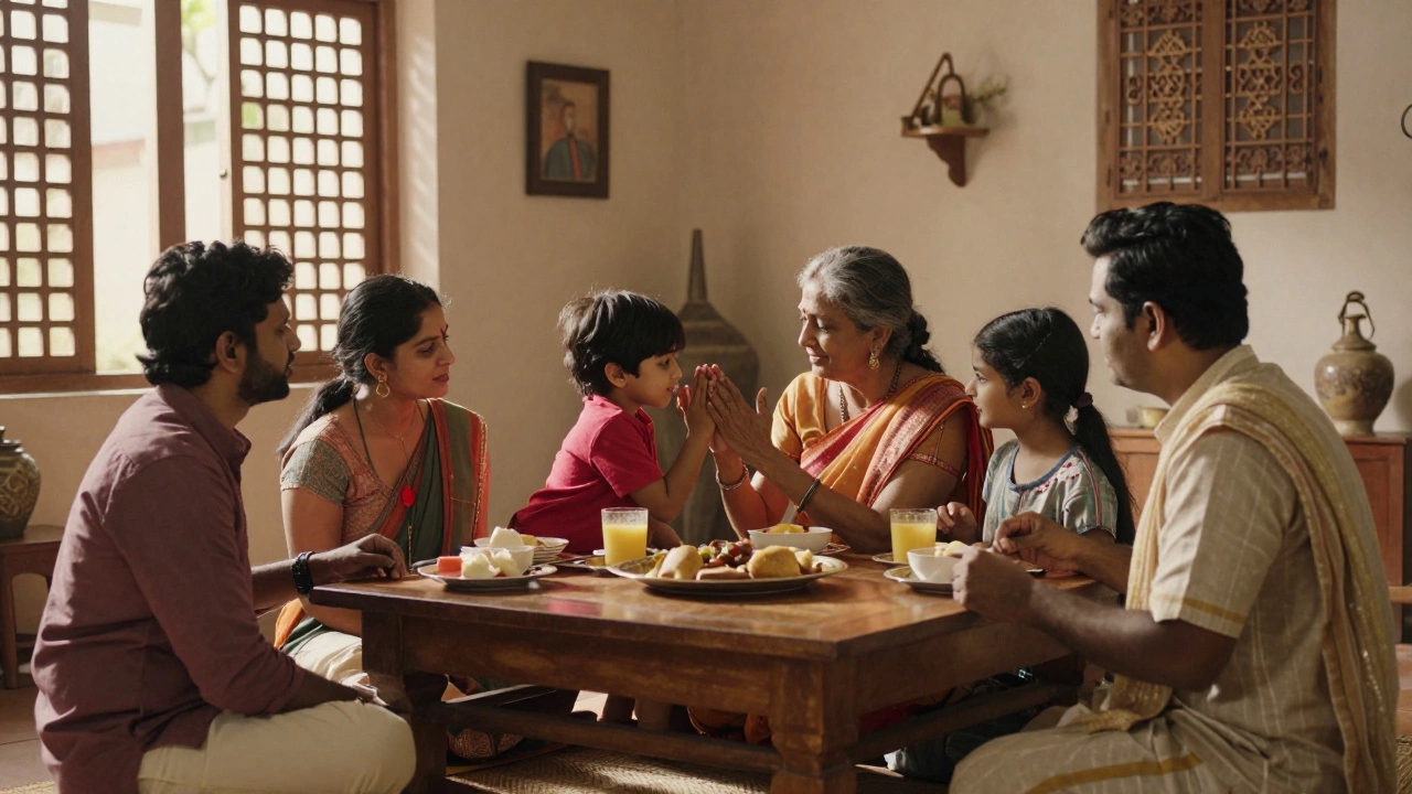 Multi-generational Indian family sharing a meal together indoors