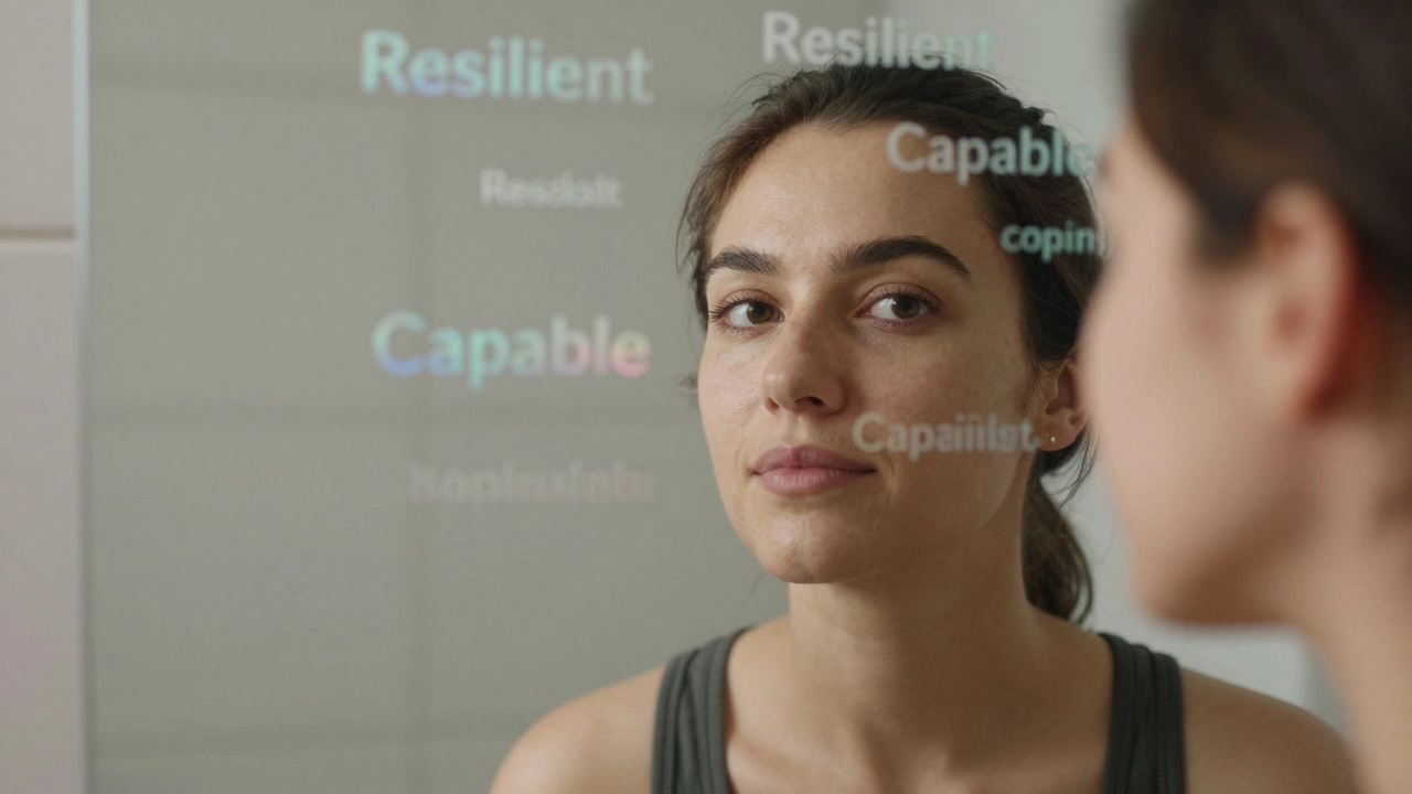 Person looking in mirror with floating positive affirmations during morning self-reflection practice.