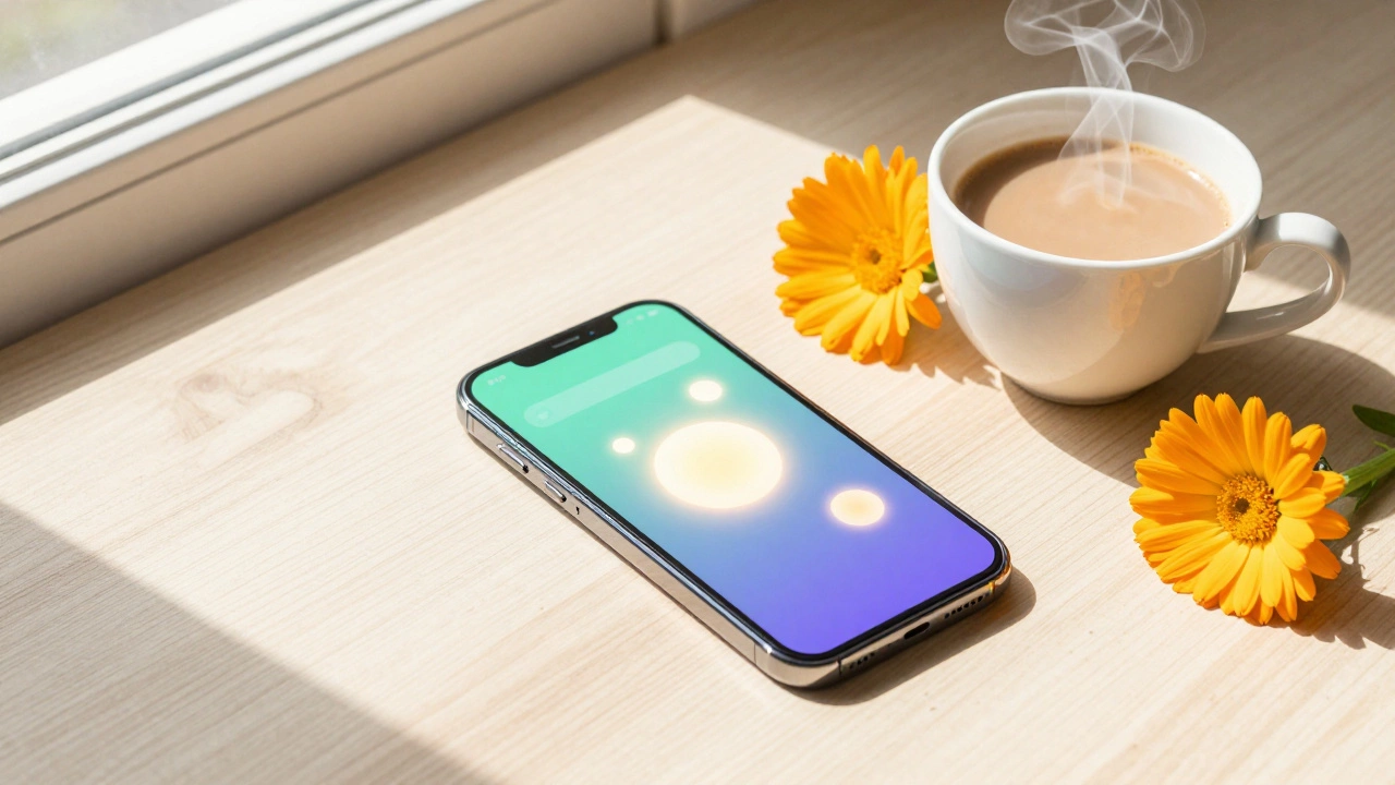 Smartphone with chai and flowers on sunny table