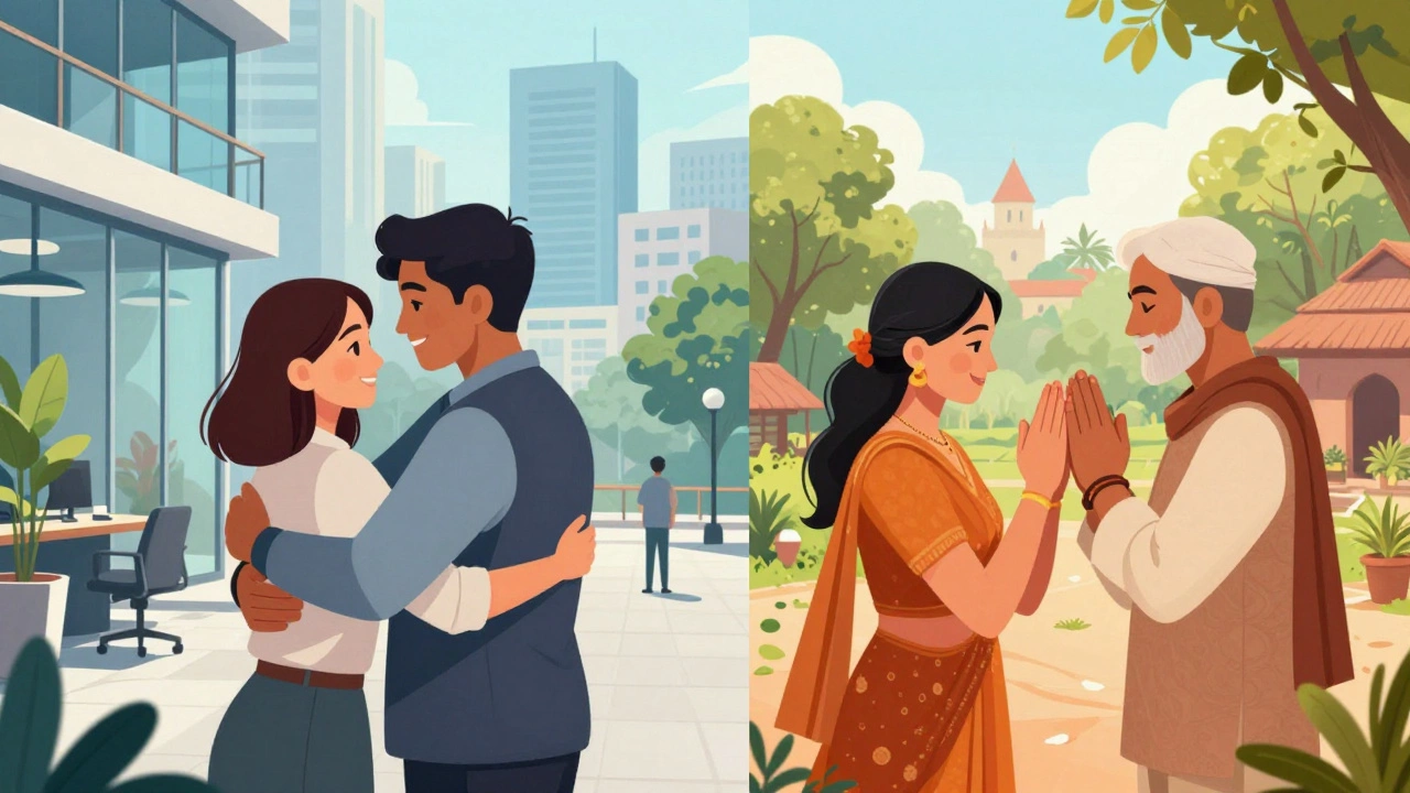 Split view showing hugging in urban office vs namaste greeting in rural village