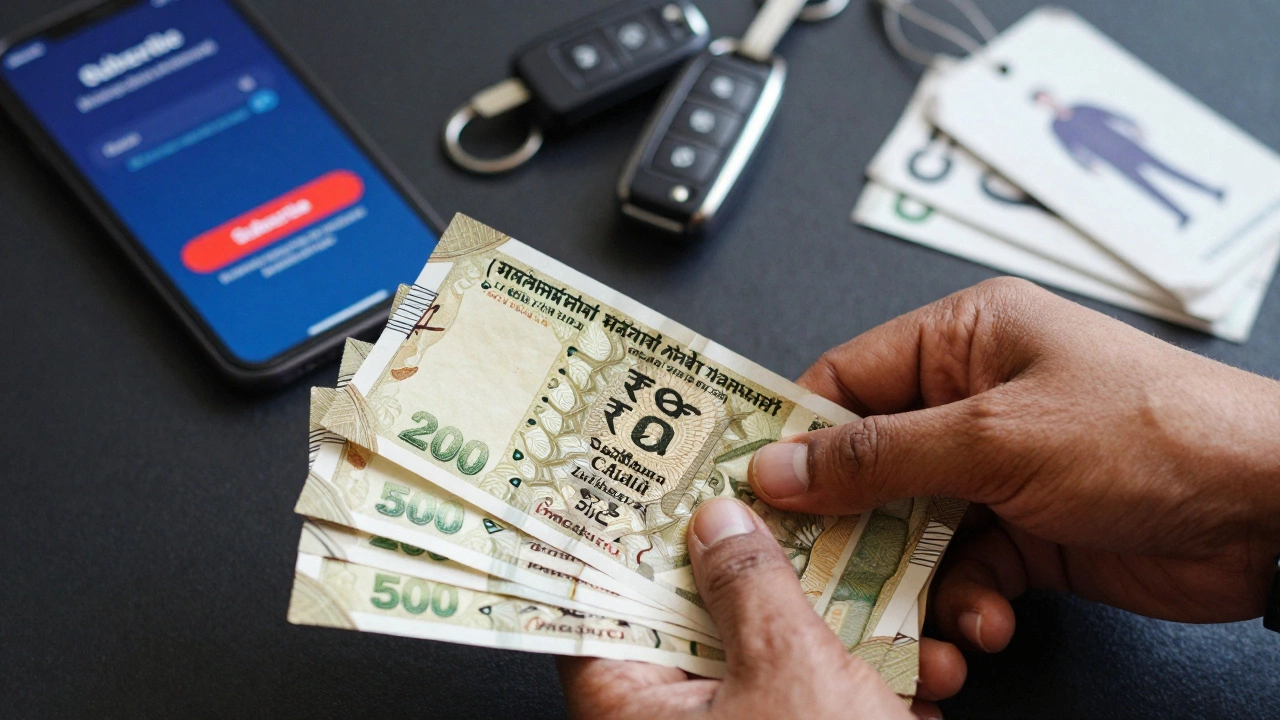 Stack of Indian rupee notes with blurred tech and luxury items in background