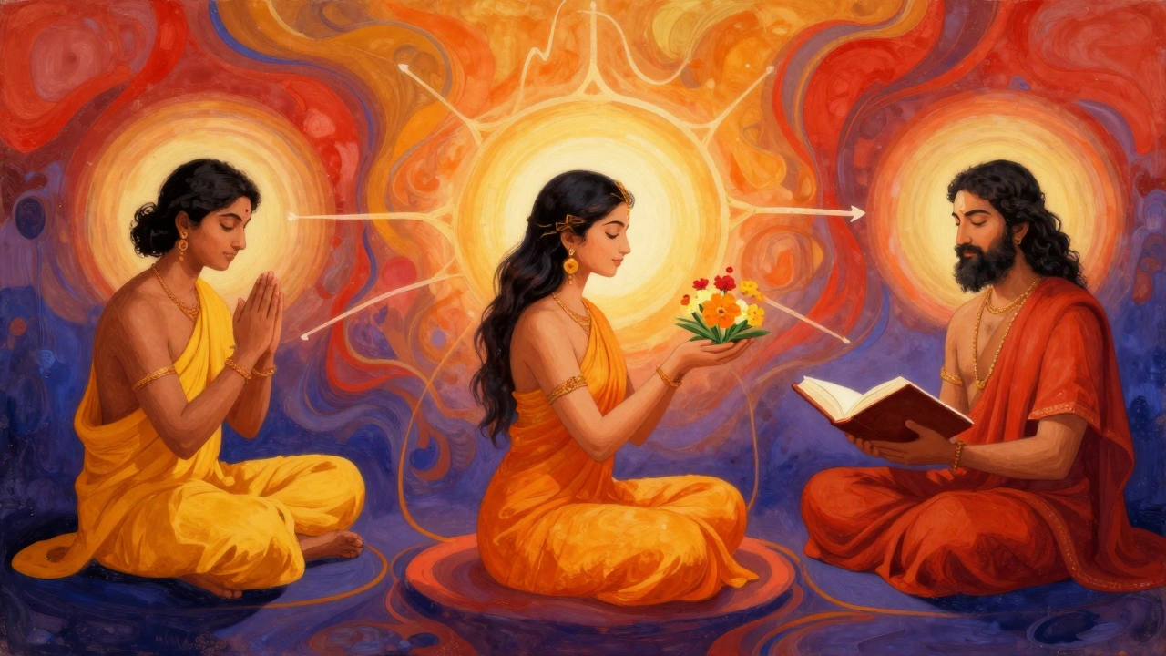 Three paths of Karma, Bhakti, and Jnana Yoga converging towards light.