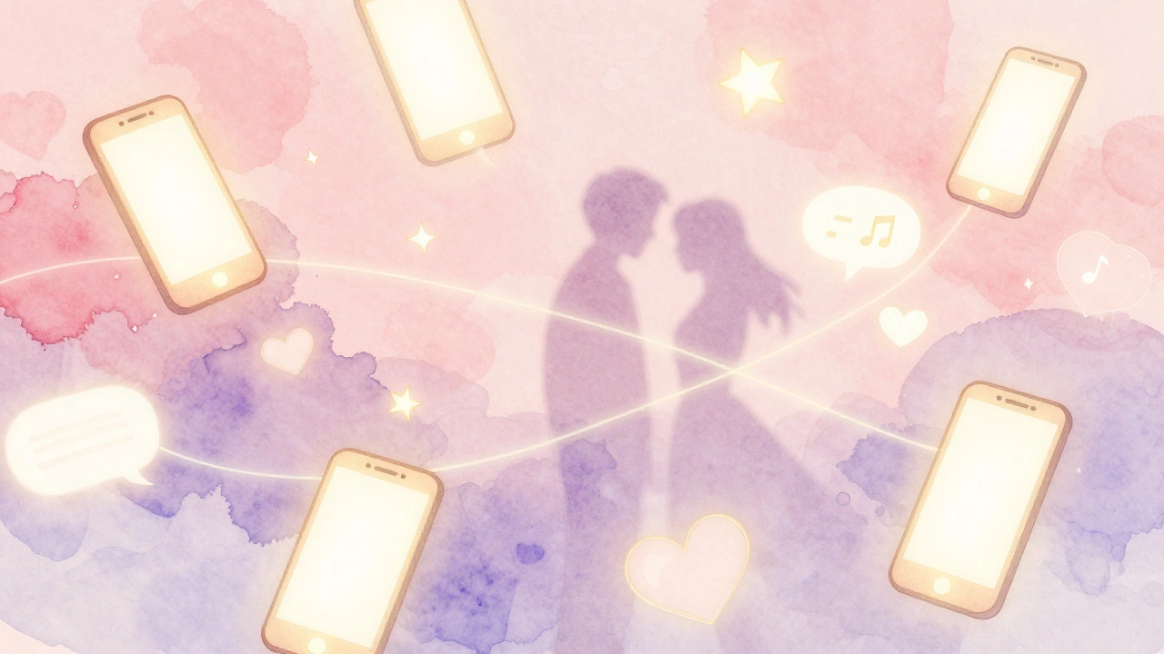 Watercolor art of floating phones and hearts symbolizing romance