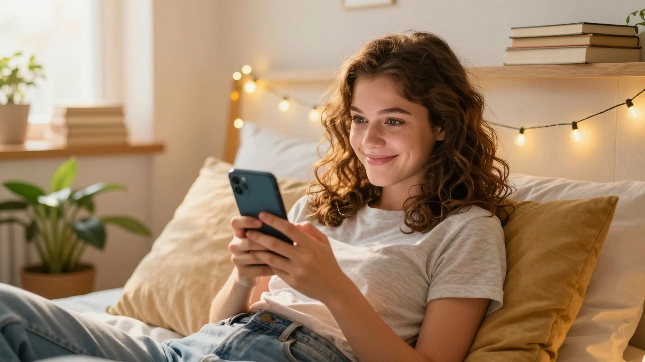 Woman playfully typing a flirty message on her smartphone