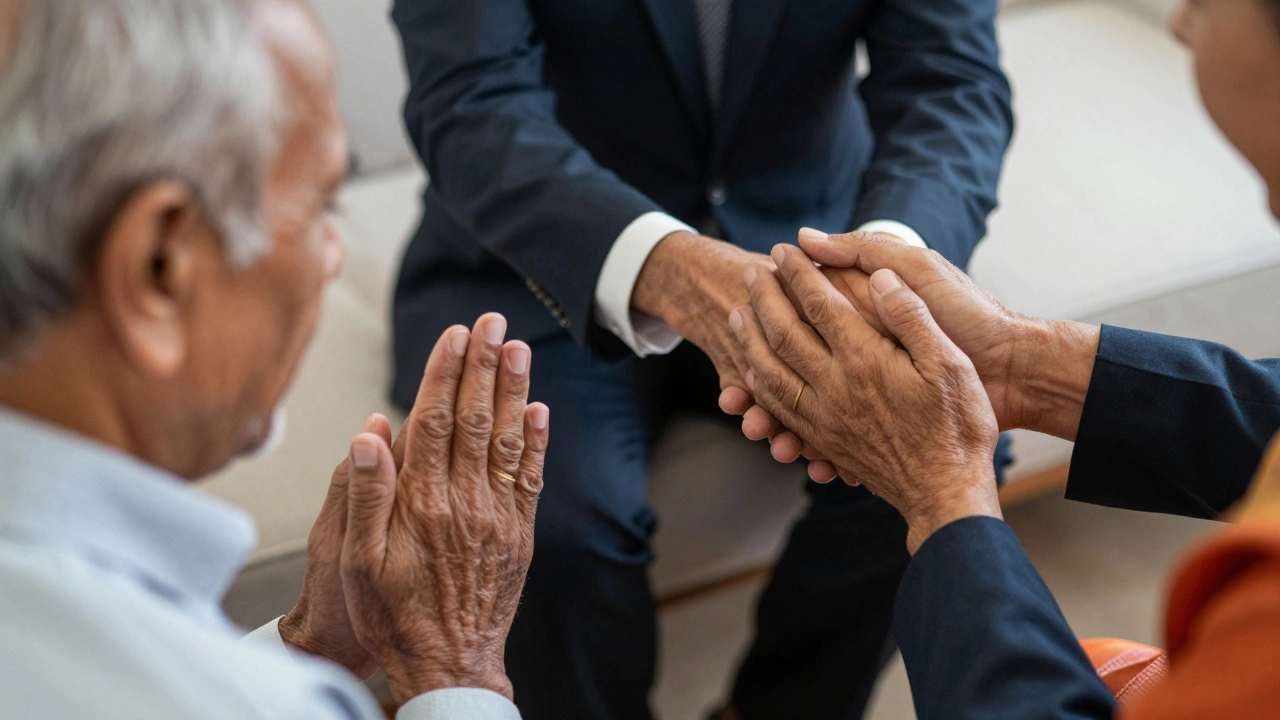 Young person touching elder's feet for respect alongside professional handshake