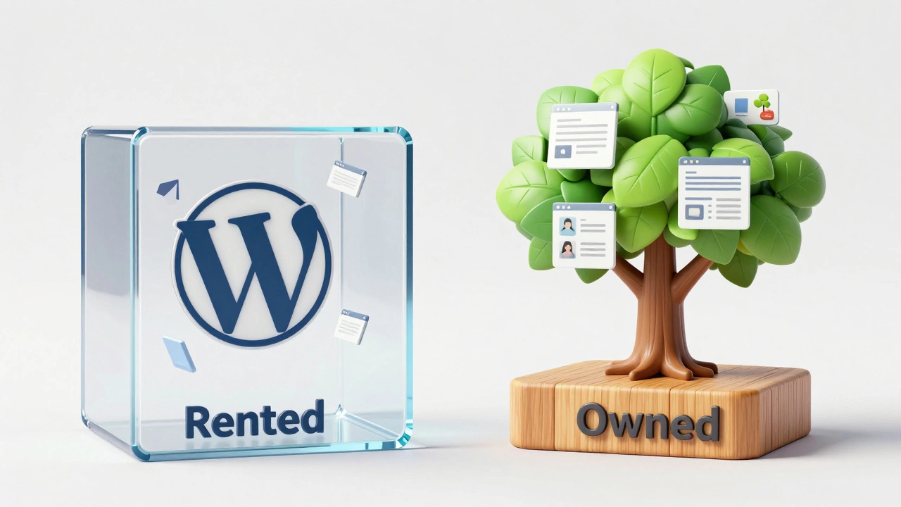 3D illustration contrasting rented website boxes with owned digital foundations