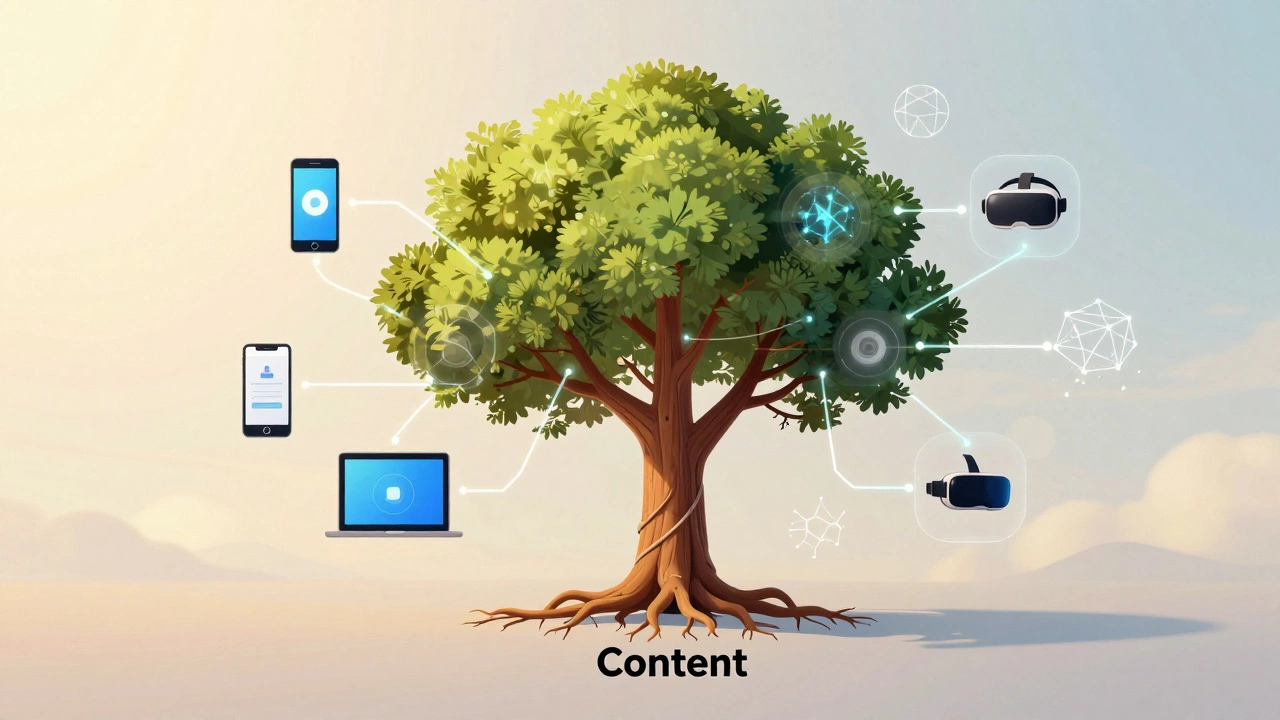 Abstract tree connecting content to devices via AI and API networks