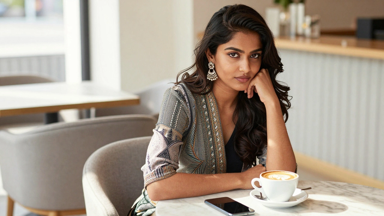 Confident Indian woman posing with phone in sunny cafe