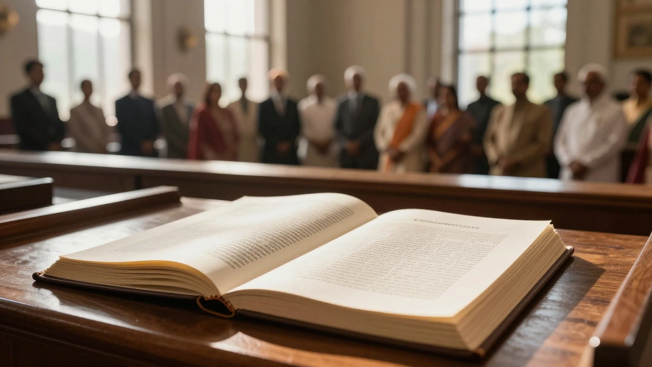 Constitution document on a desk with diverse people in the background