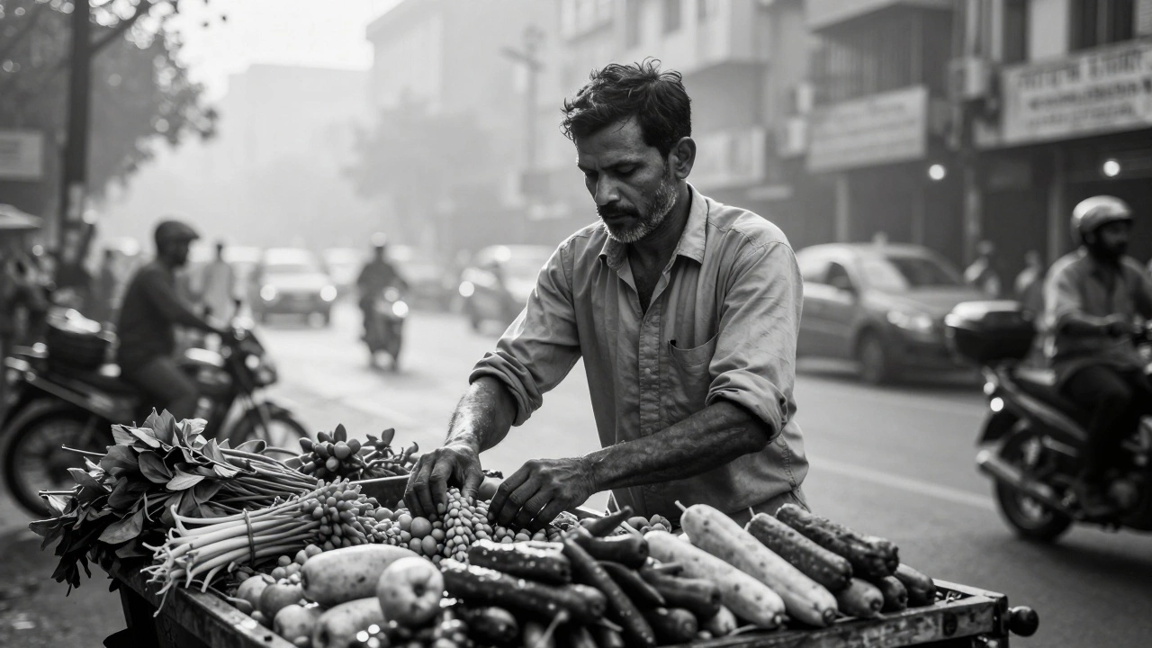 Determined street vendor working at dawn, symbolizing resilience and dignity.