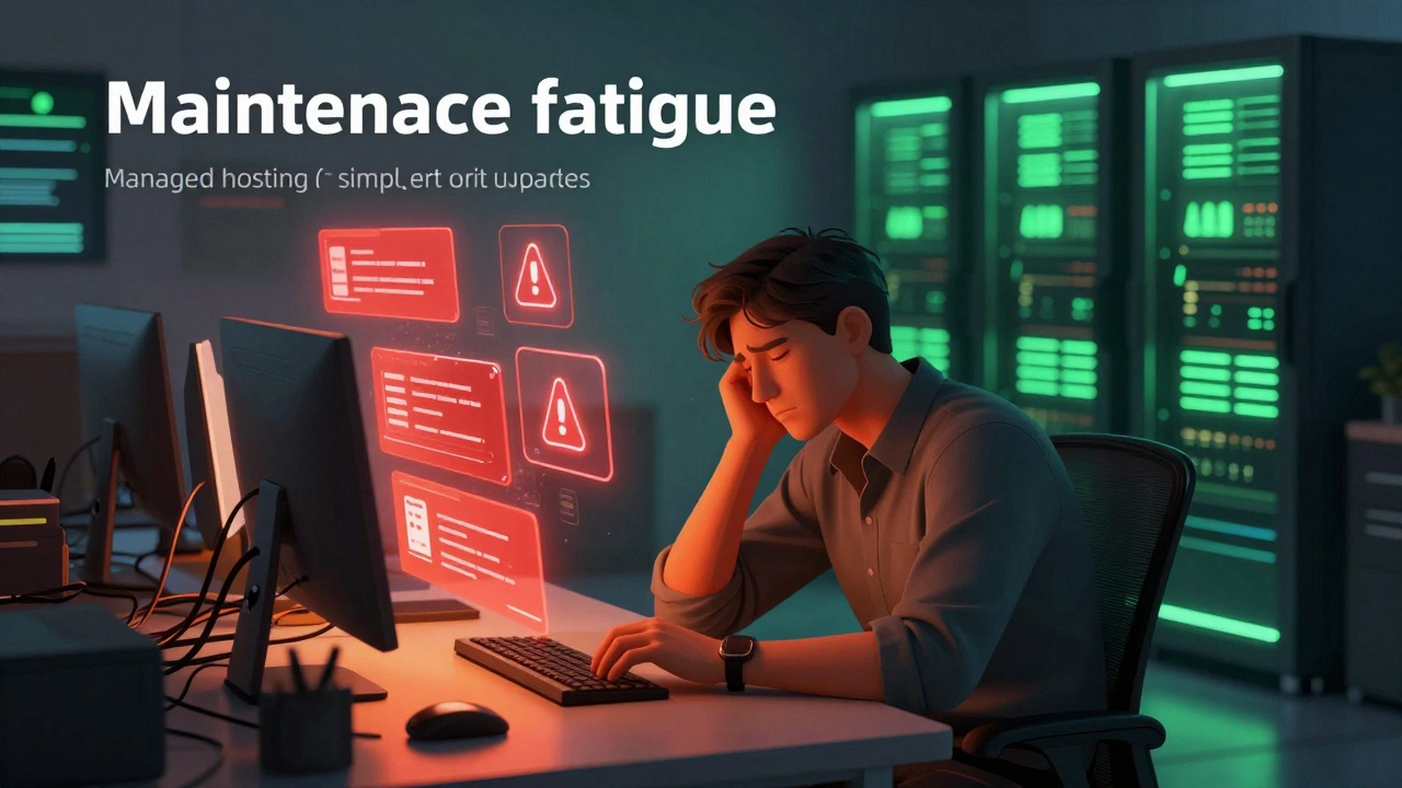Developer overwhelmed by security updates next to a clean automated server