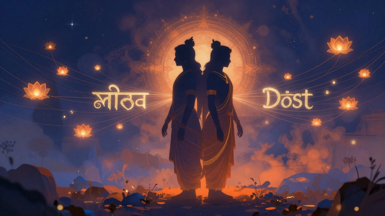 Ethereal illustration of two figures connected by glowing threads and Indian motifs.