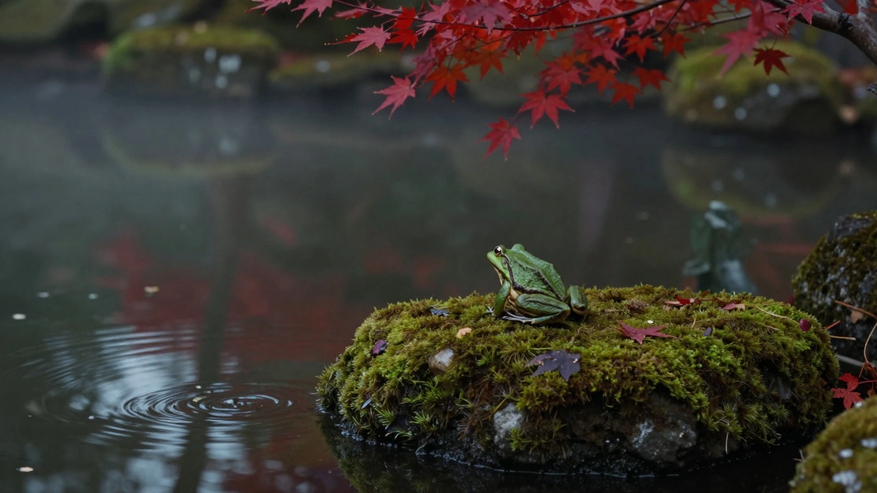 Frog on stone by a misty pond in autumn garden