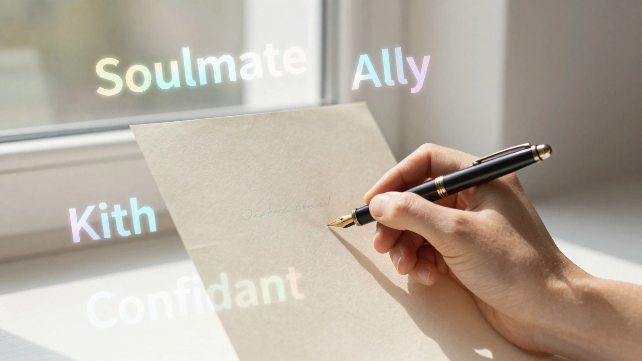 Hand writing a letter with floating holographic words like Soulmate and Ally.
