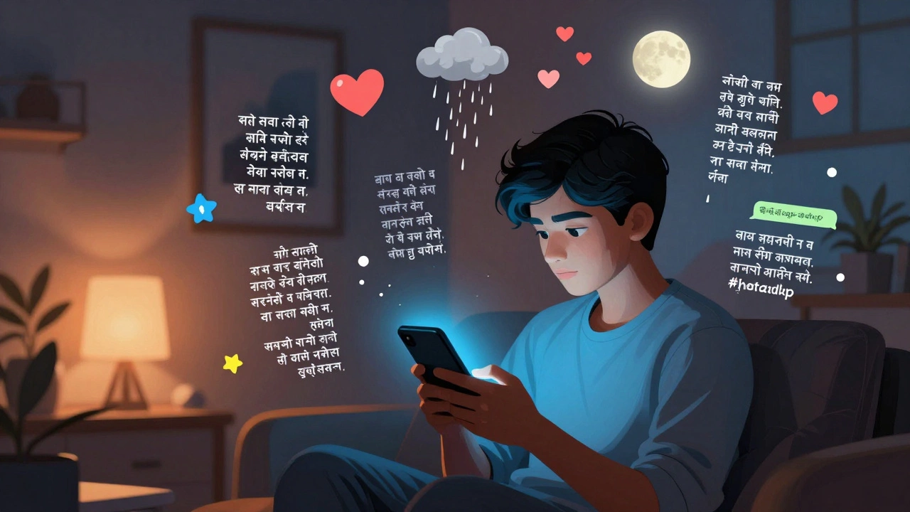 Person reading poetry on phone with floating verses