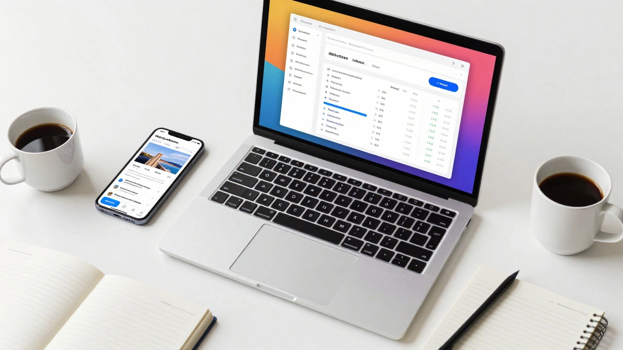 Workspace with laptop and phone showing data analytics for blog strategy