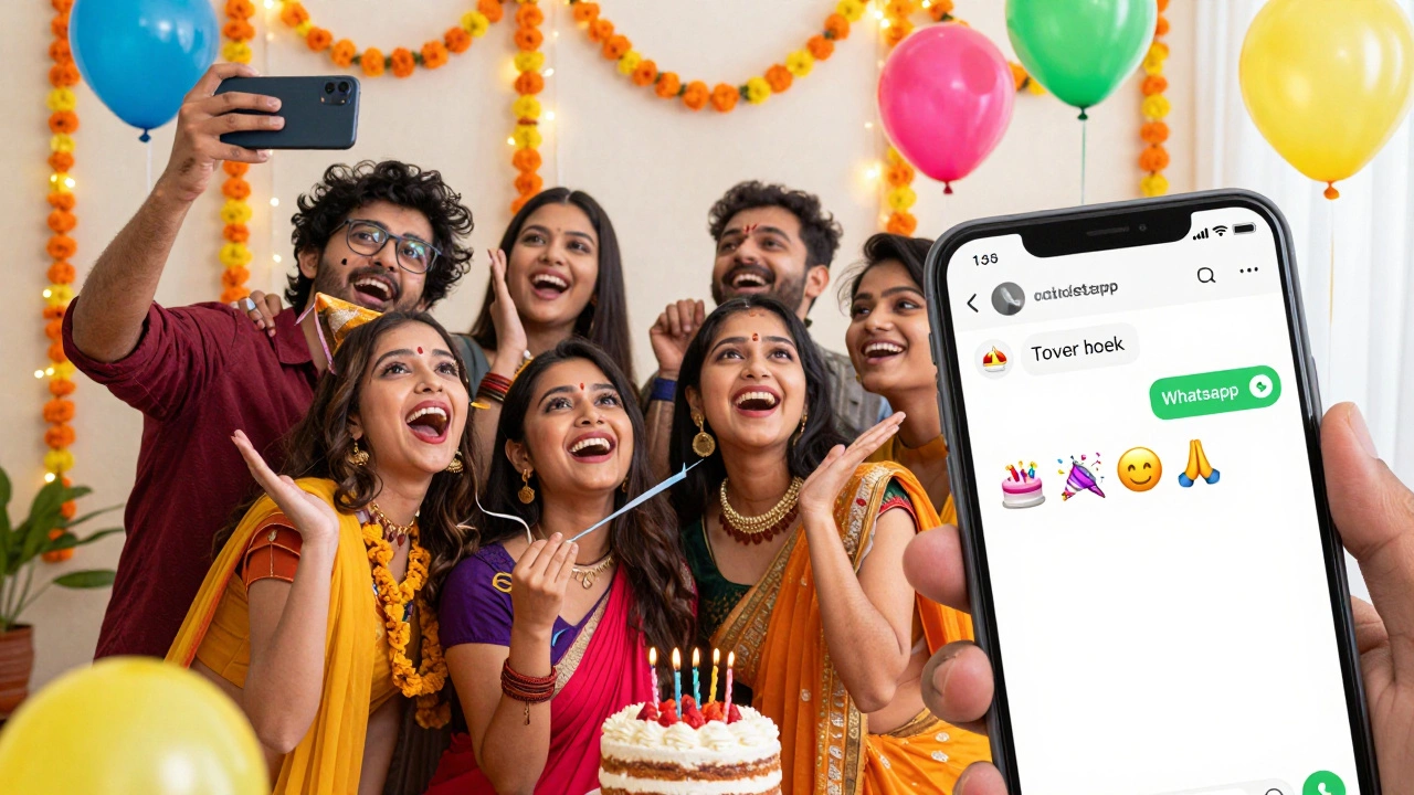 Young Indians taking selfies and sending digital birthday wishes