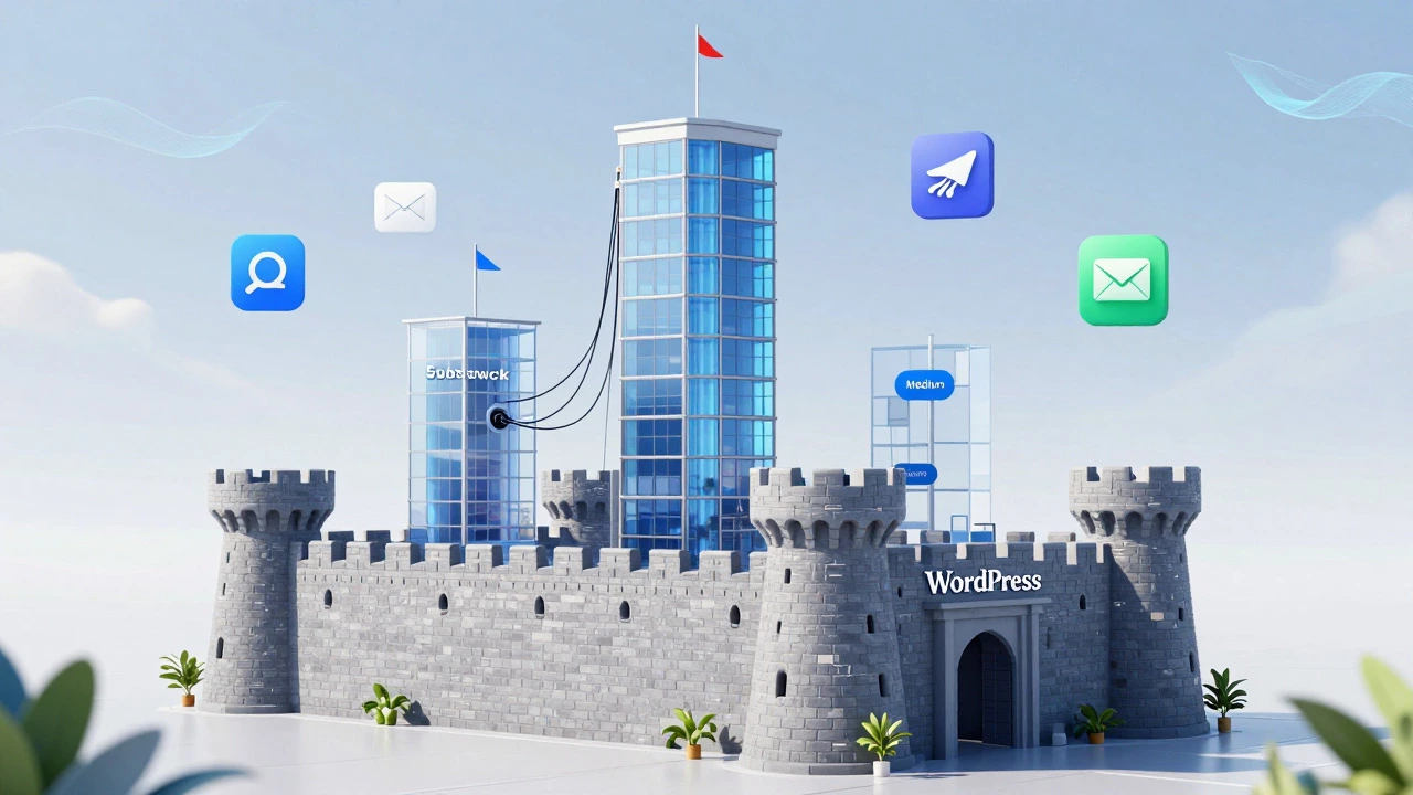 3D conceptual art comparing blogging platforms as buildings showing ownership levels