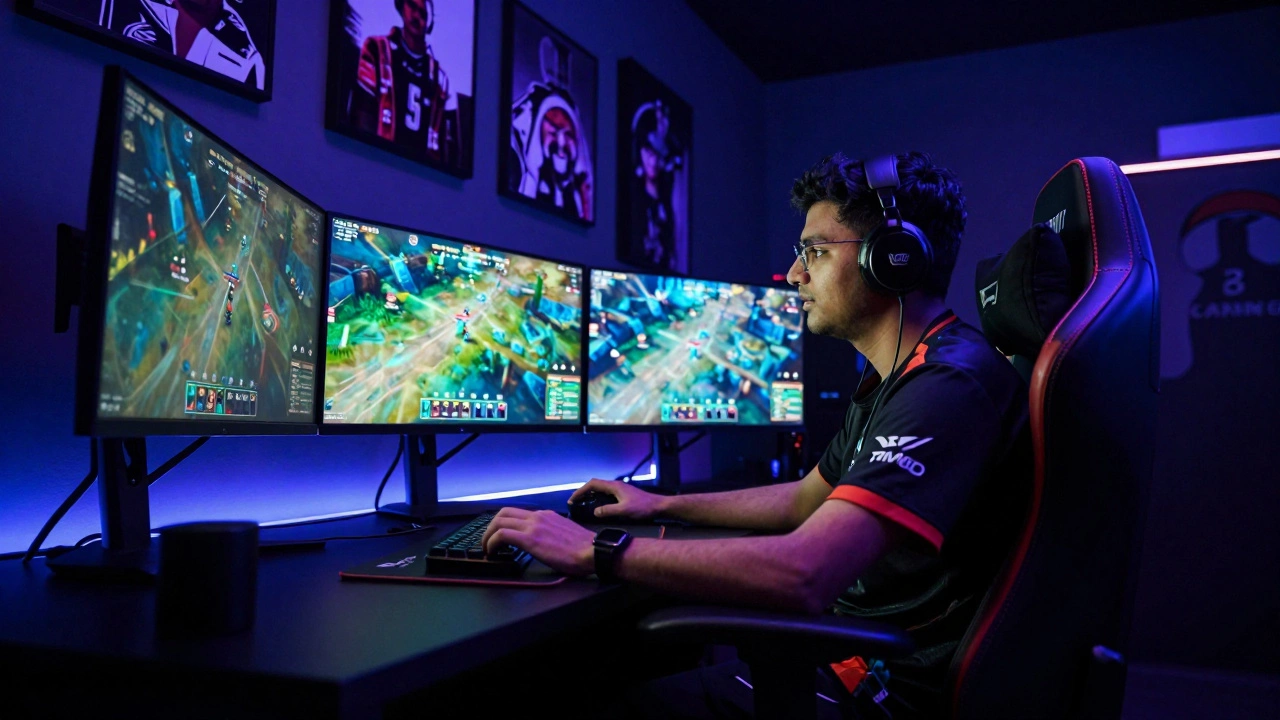 CarryMinati in a high-tech gaming setup with esports branding and LED lights