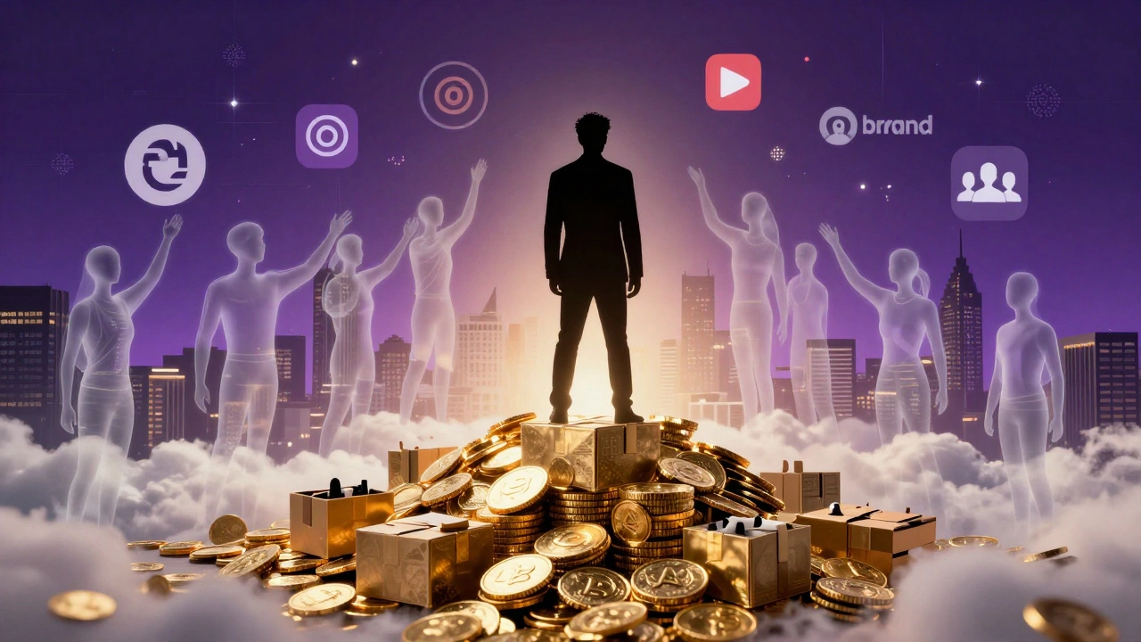 Conceptual art showing a vlogger's business empire with gold coins and fans