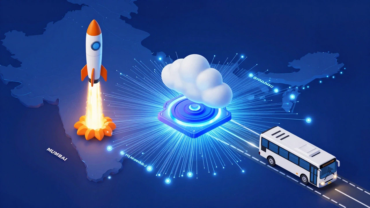 Data flow map of India showing fast cloud scaling vs slow shared hosting traffic