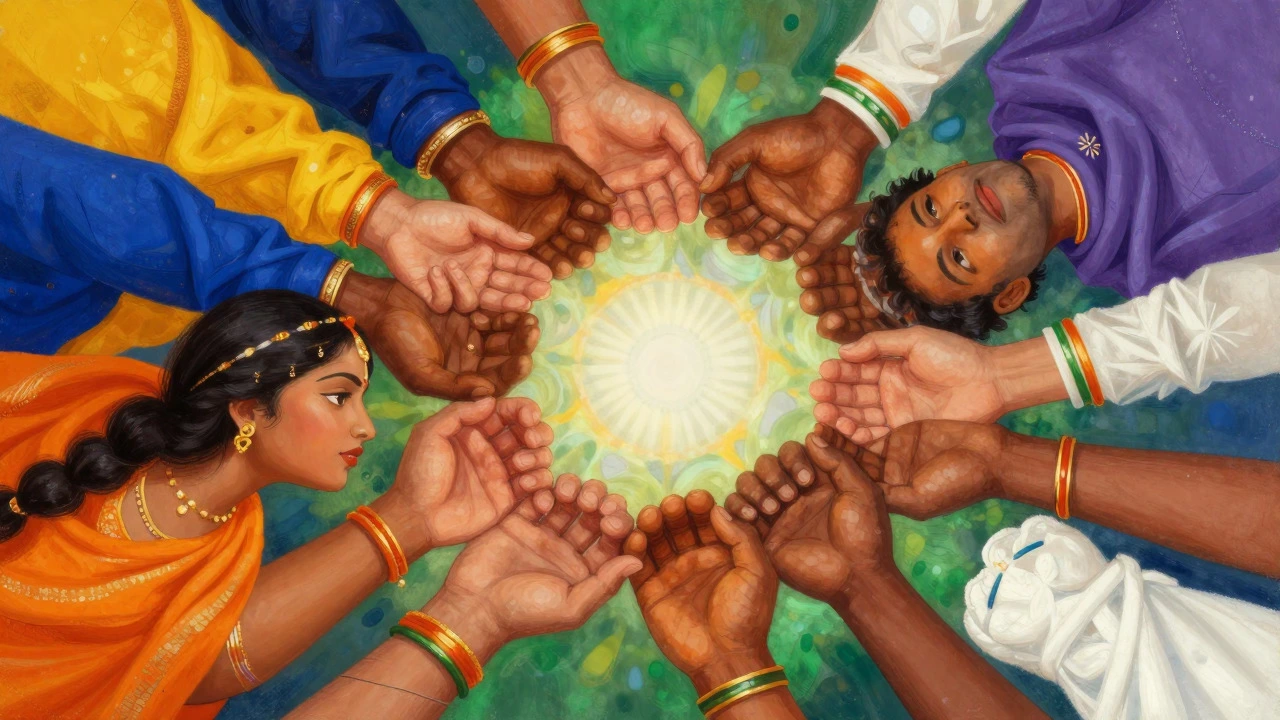 Diverse hands forming a circle of unity and light