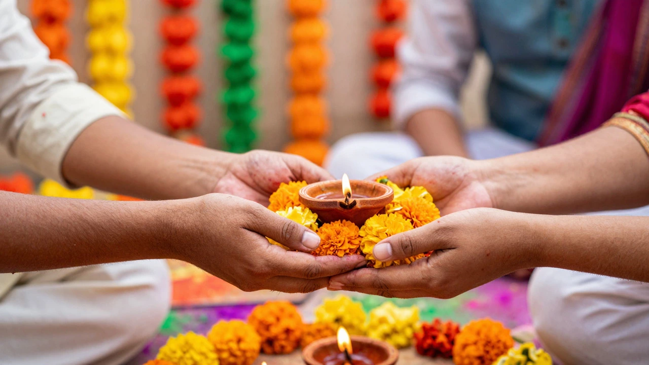 Hands exchanging marigolds and diyas in festive light