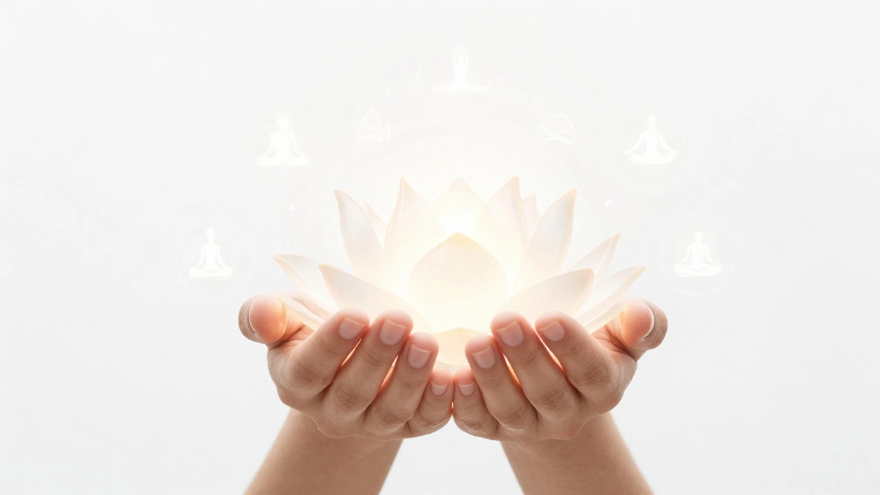 Hands holding a glowing lotus symbolizing yoga
