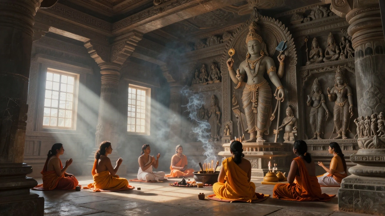 Interior of ancient Hindu temple with priests performing ceremony