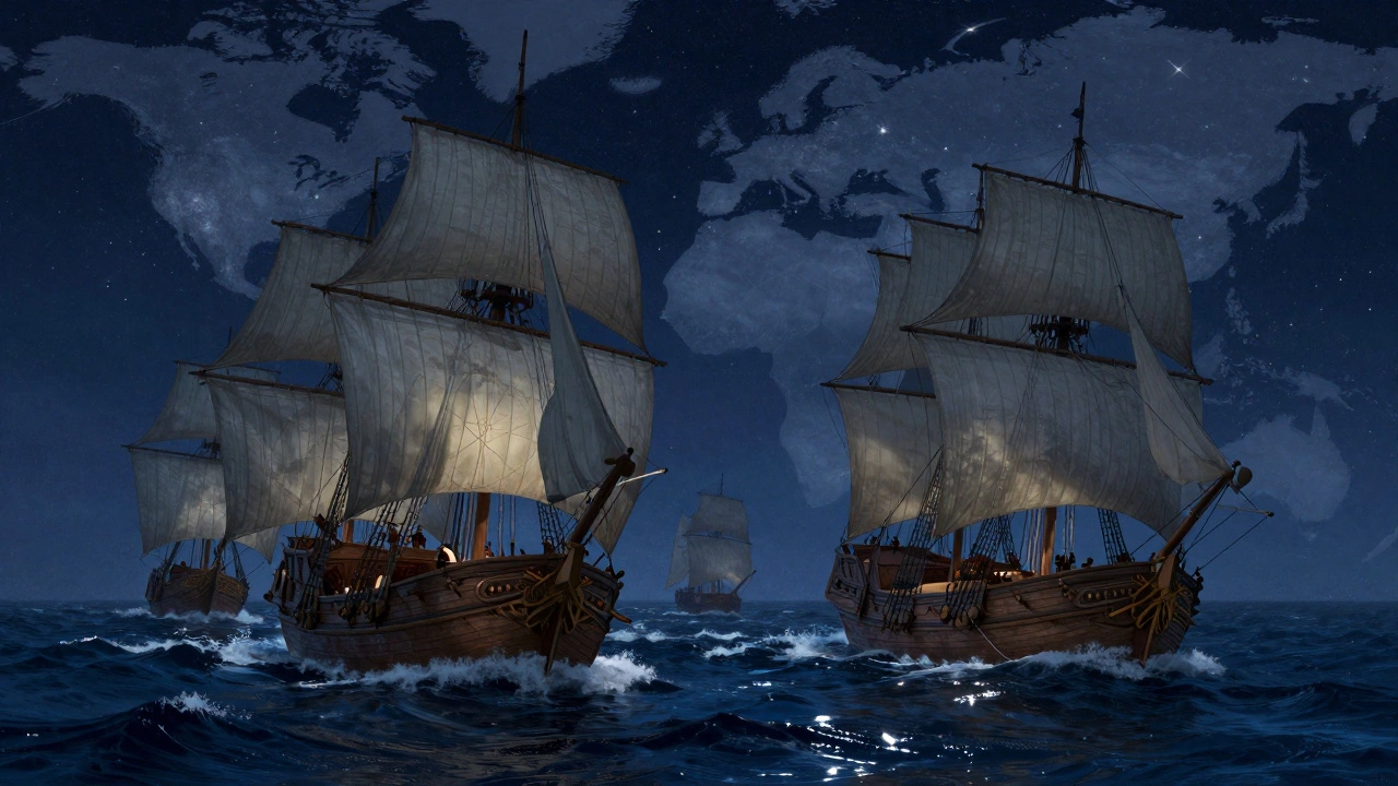 Wooden merchant ships sailing on starlit Indian Ocean