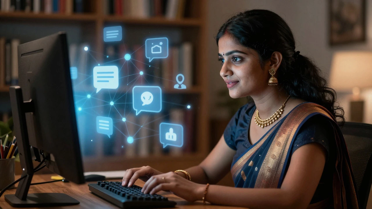 Young Indian blogger typing with glowing digital interface