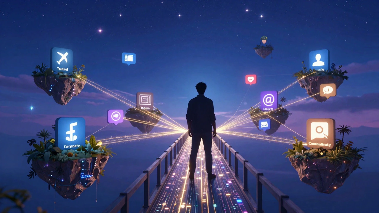 Abstract illustration of a creator connecting diverse online niche communities