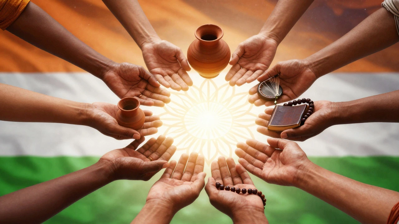 Diverse hands forming a glowing mandala pattern against a gradient sky