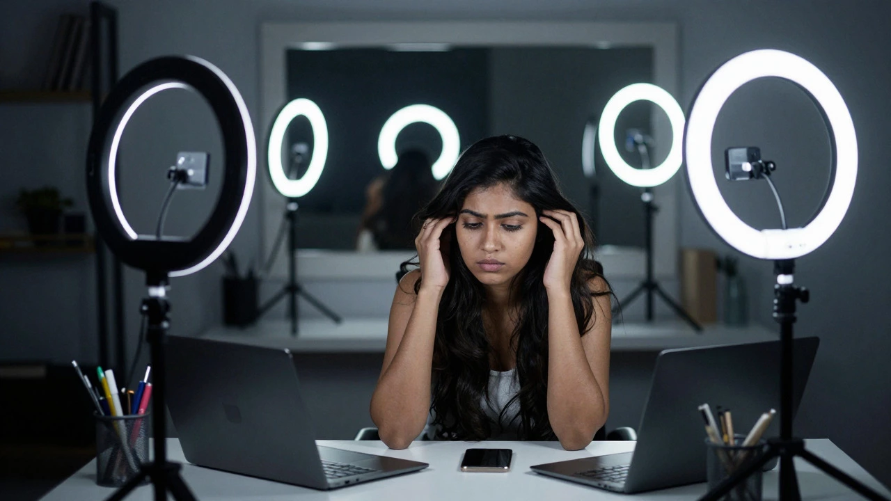 Exhausted content creator working late under bright ring lights
