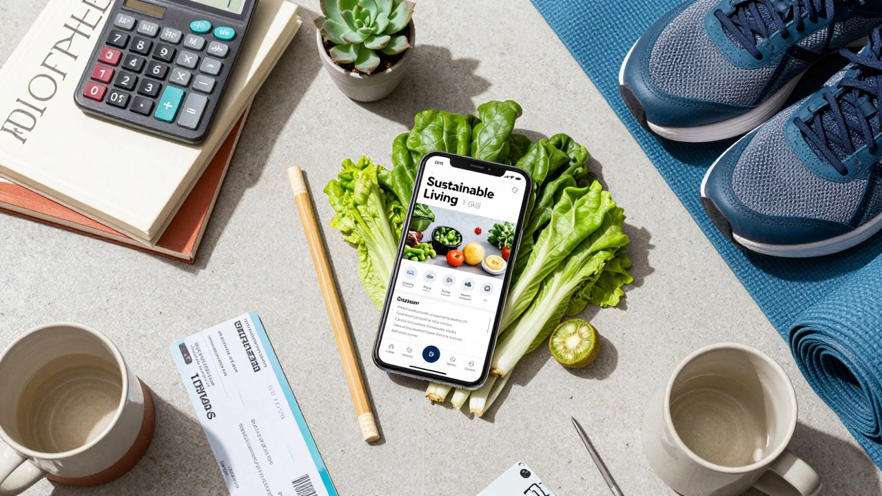 Flat lay of blogging niches including eco items, finance tools, and fitness gear