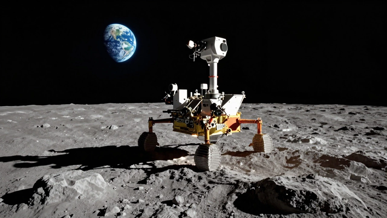 Indian space rover landing on the moon's surface with Earth in the sky