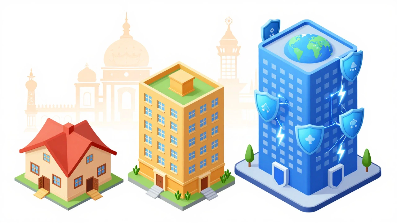 Isometric illustration comparing shared, VPS, and dedicated hosting tiers