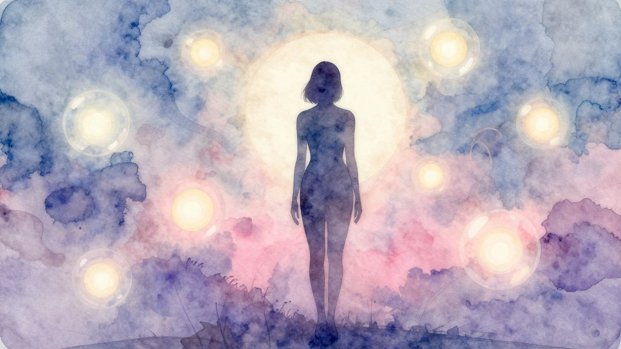 Watercolor silhouette of a woman surrounded by glowing emotion orbs