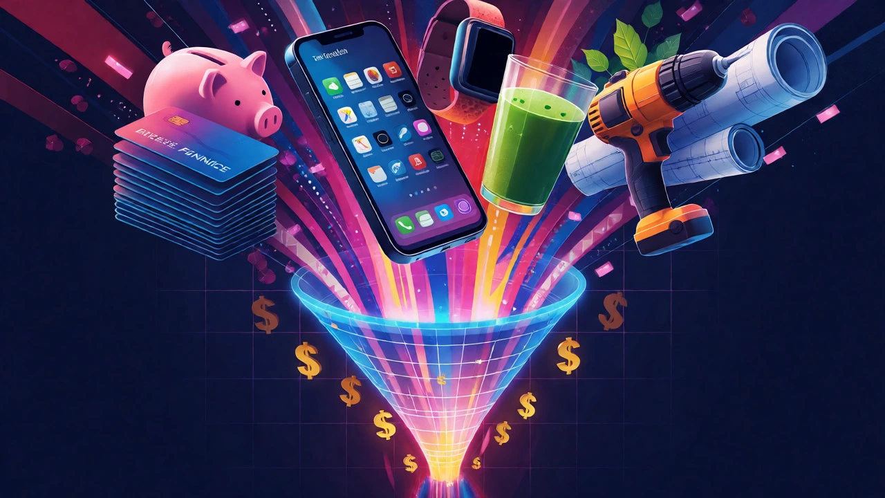 Collage of finance, tech, health, and DIY icons flowing into profit